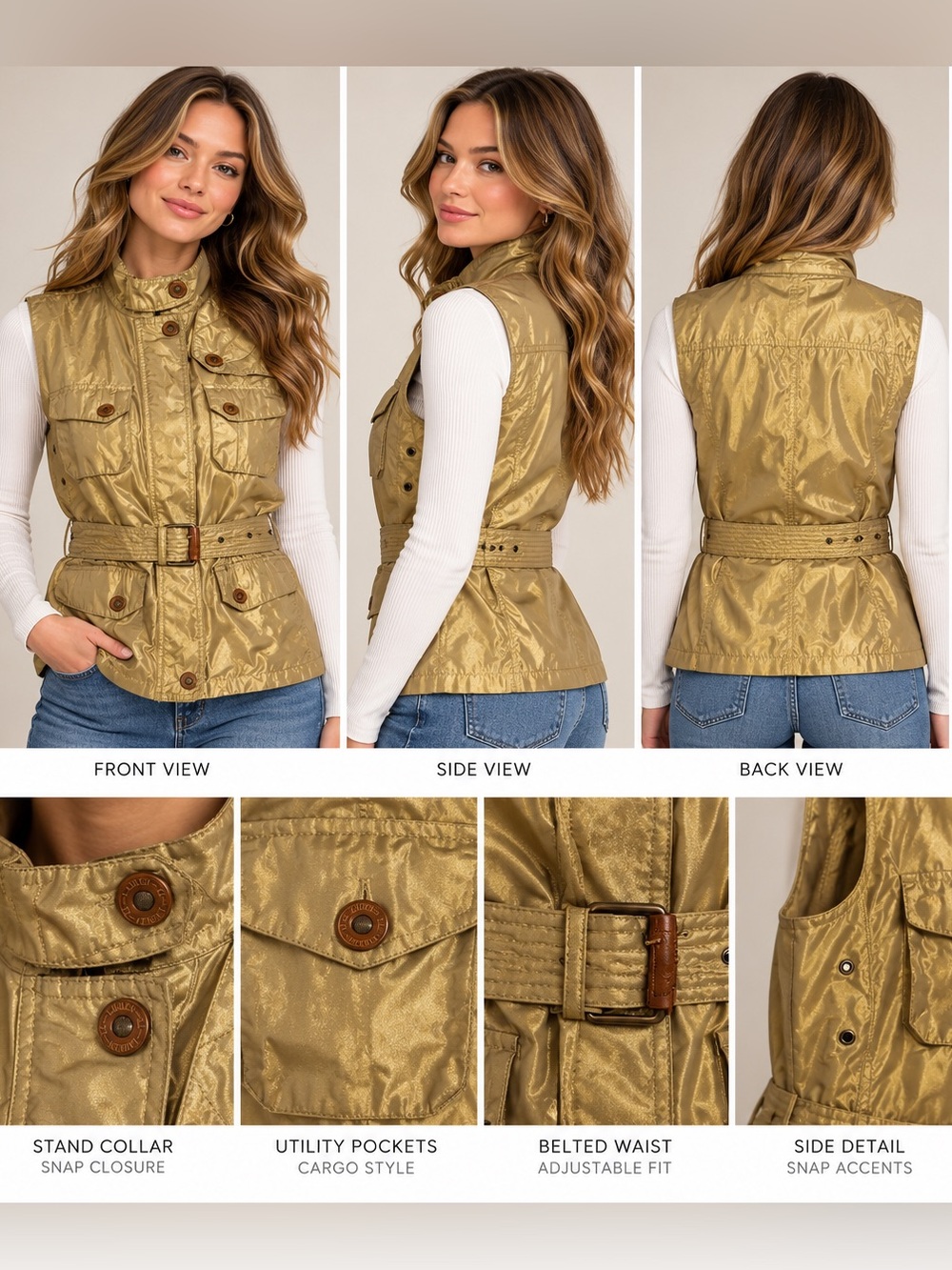 Lauren Ralph Lauren Metallic Gold Utility Safari Vest P/P Petite XS/S Belted
